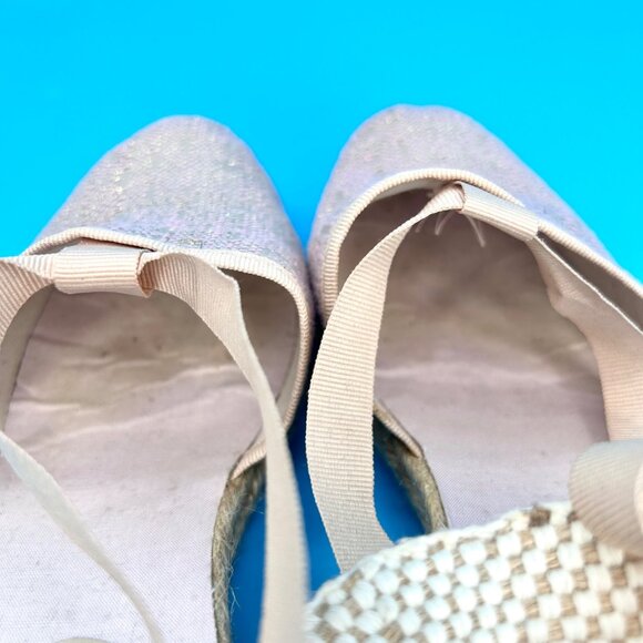 ILSE JACOBSON METALLIC THREAD BEIGE RIBBON TIE UP ANKLE STRAP ESPADRILLE WEDGE S - Picture 6 of 9